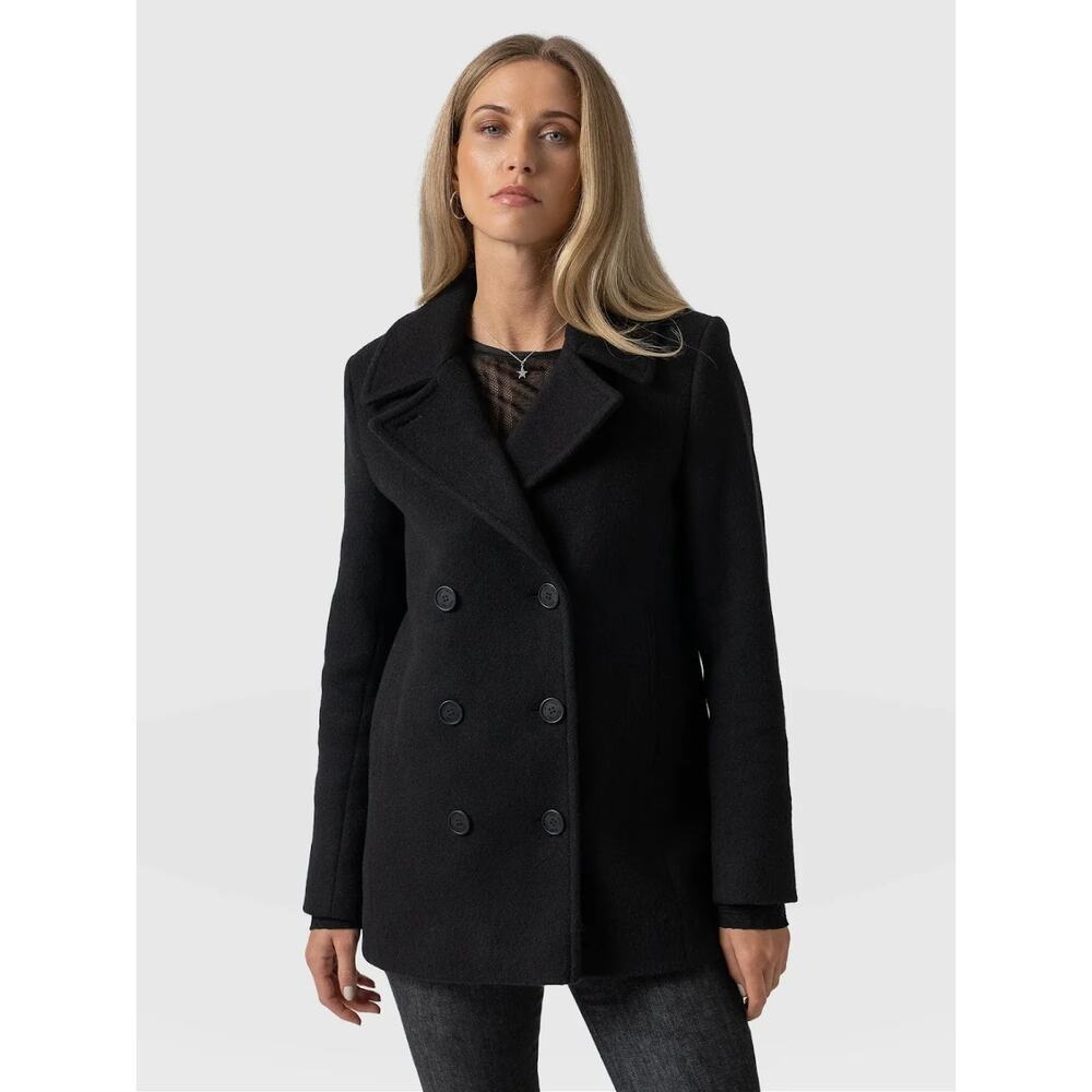 Herman Kay Black Wool‎ Blend Double-Breasted Peacoat - Size 14